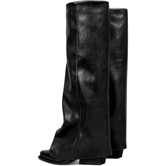 Women Black Wide Calf Slouchy Shark Pointed Toe Fold Over Knee High Tall Boots - Picture 2 of 8
